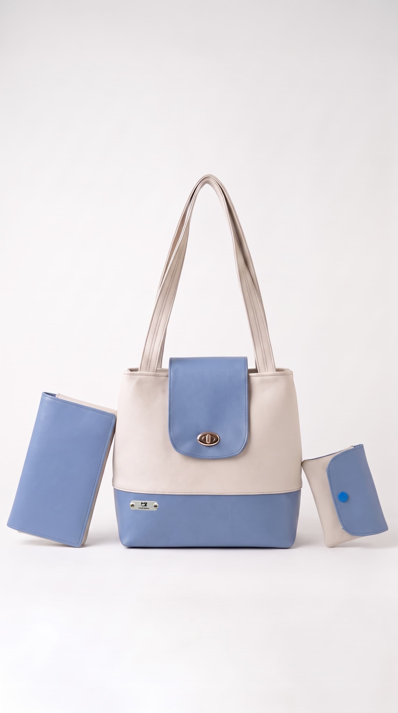 Sac cabas, portefeuille et pochette assortis, en simili cuir bleu et écru, CréA'deline